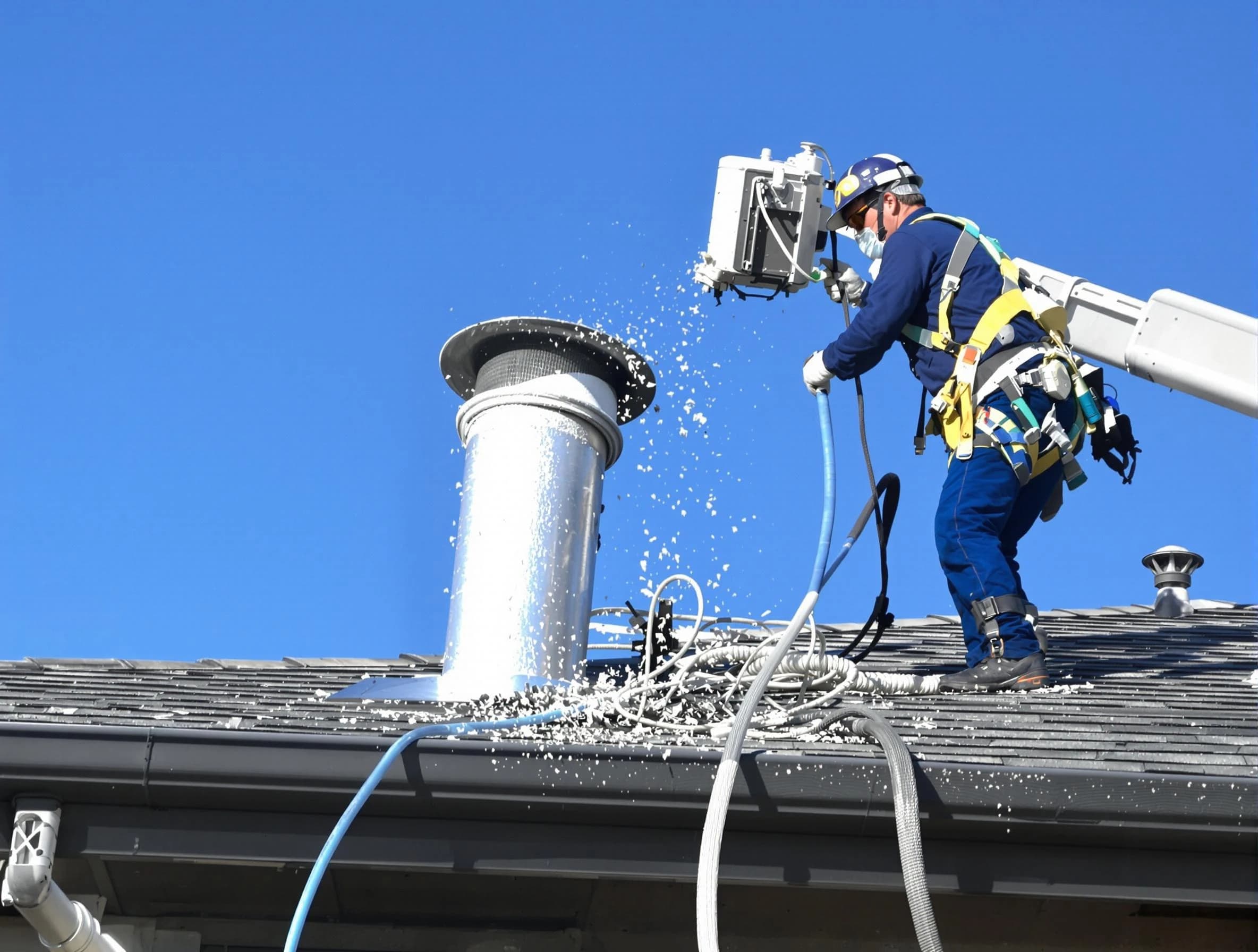 West Haven Dryer Vent Cleaning certified technician safely cleaning a roof-mounted dryer vent in West Haven
