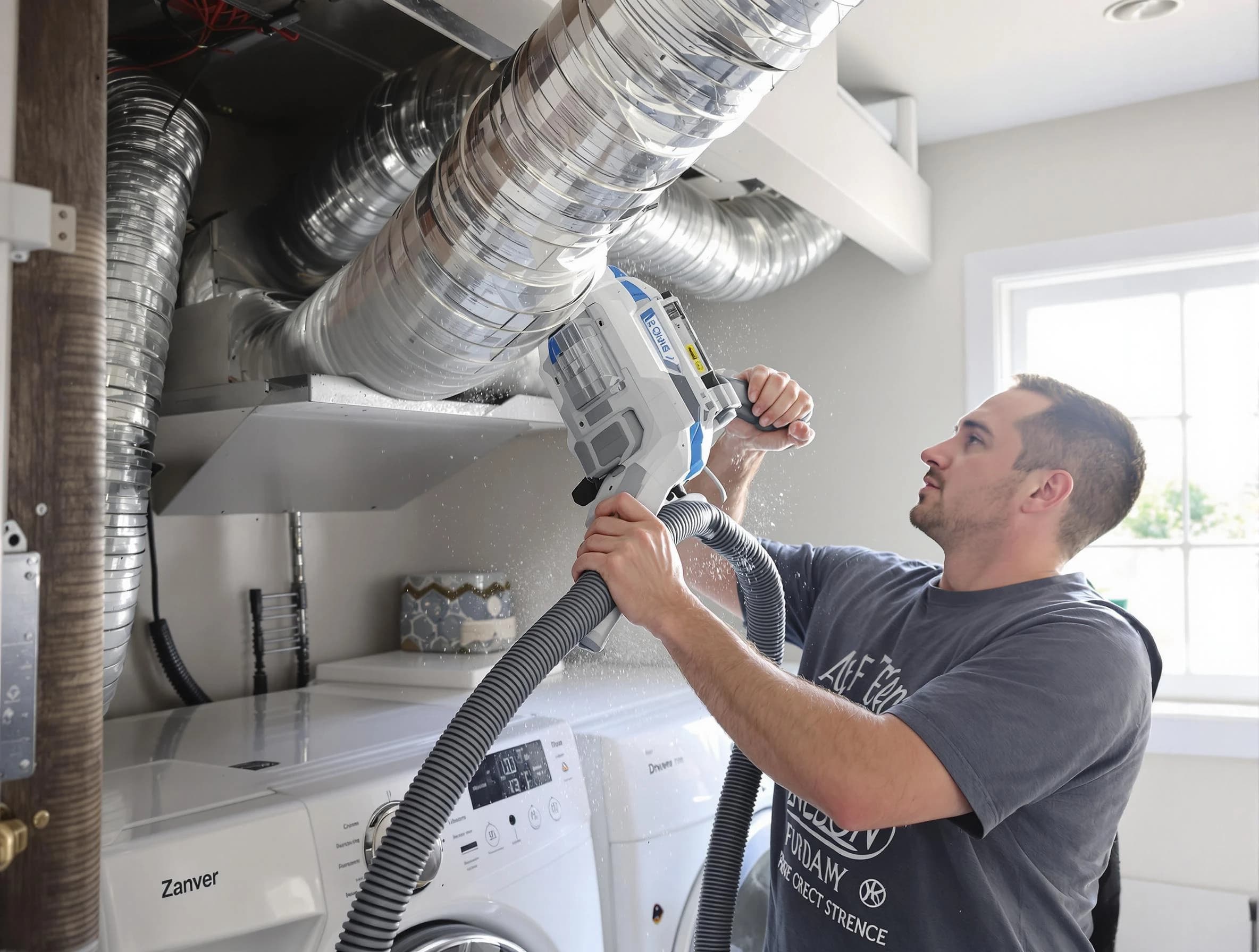 West Haven Dryer Vent Cleaning specialist cleaning deep within a dryer vent duct system in West Haven